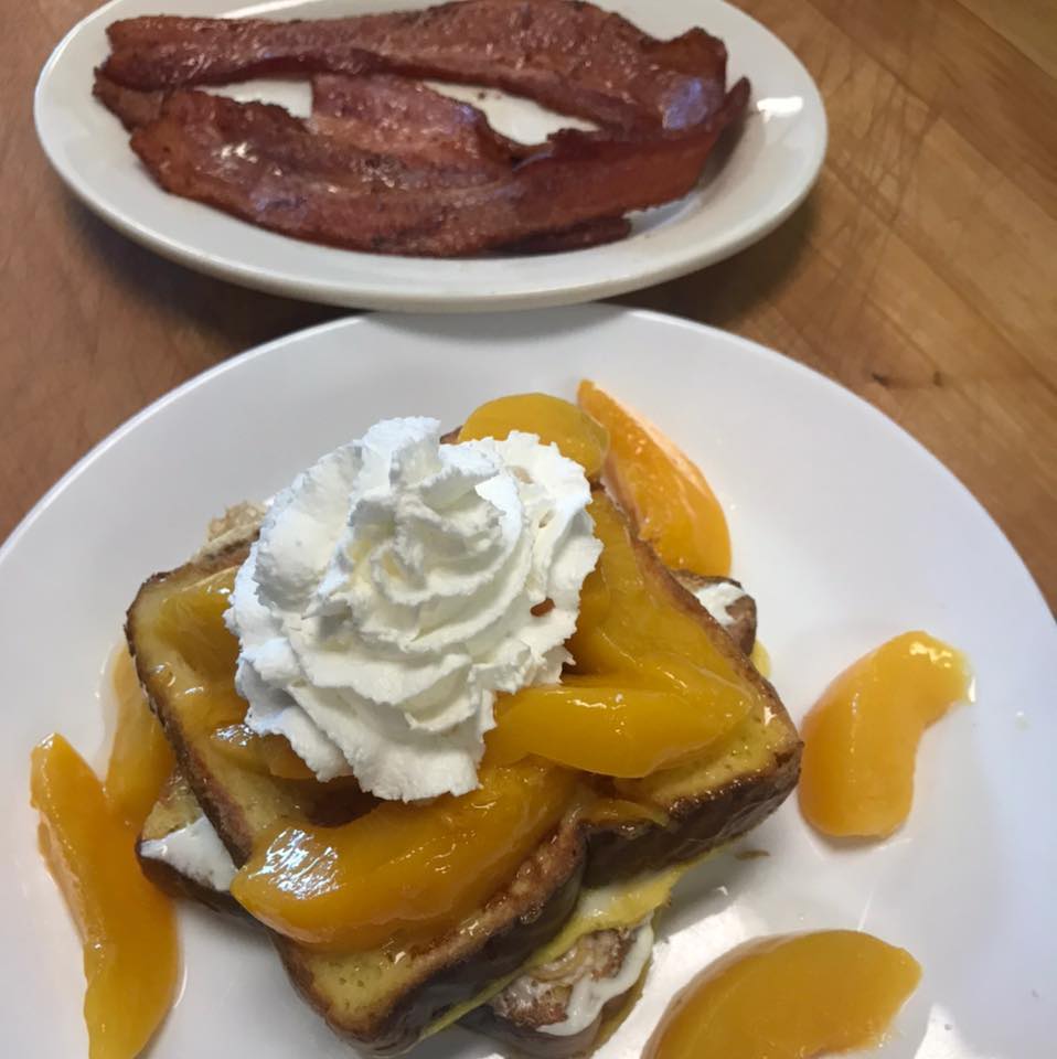 french toast with peaches and whip cream